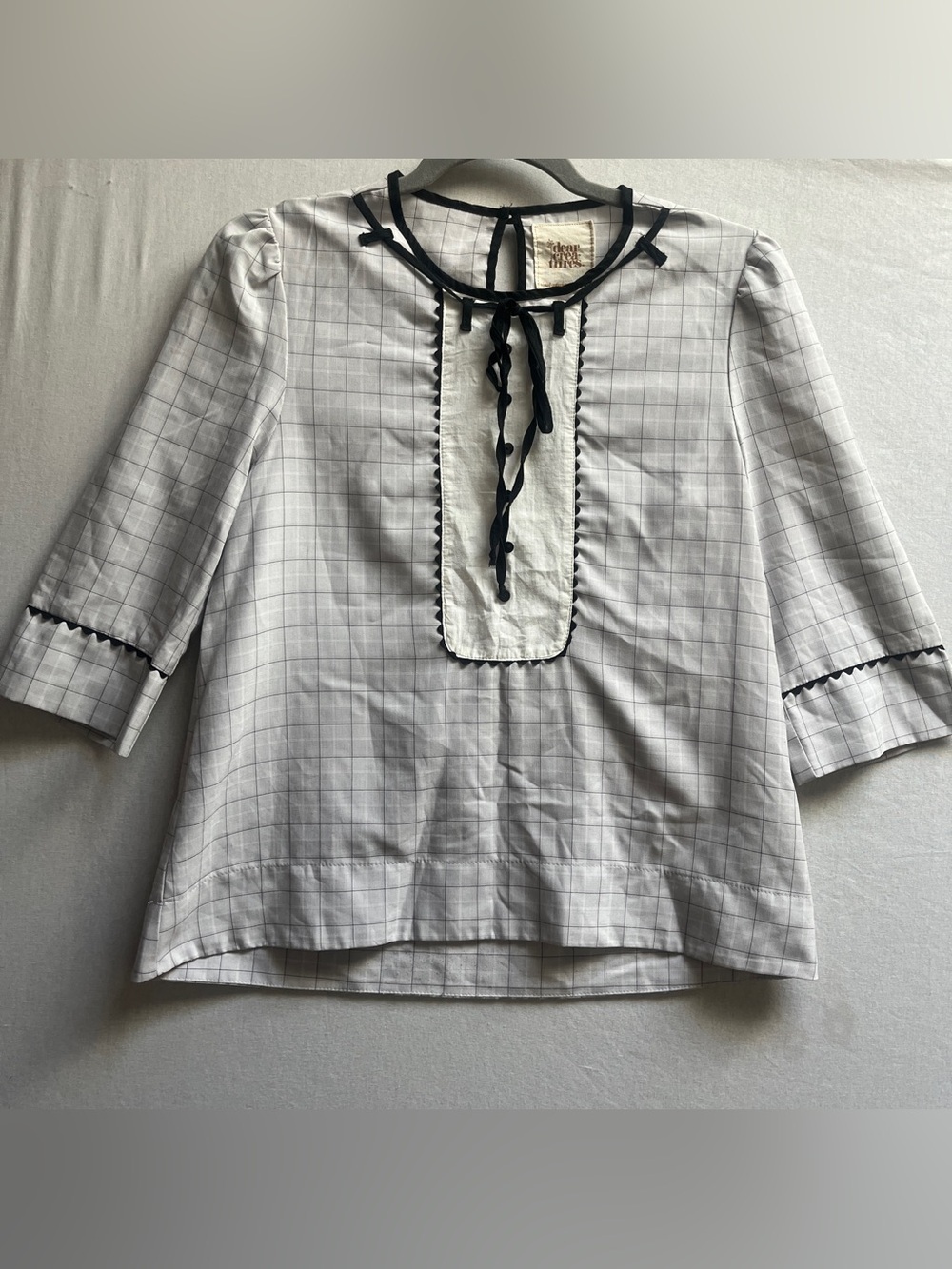 Dear Creatures Anthropologie Plaid Peasant Blouse Black Trim Sz S